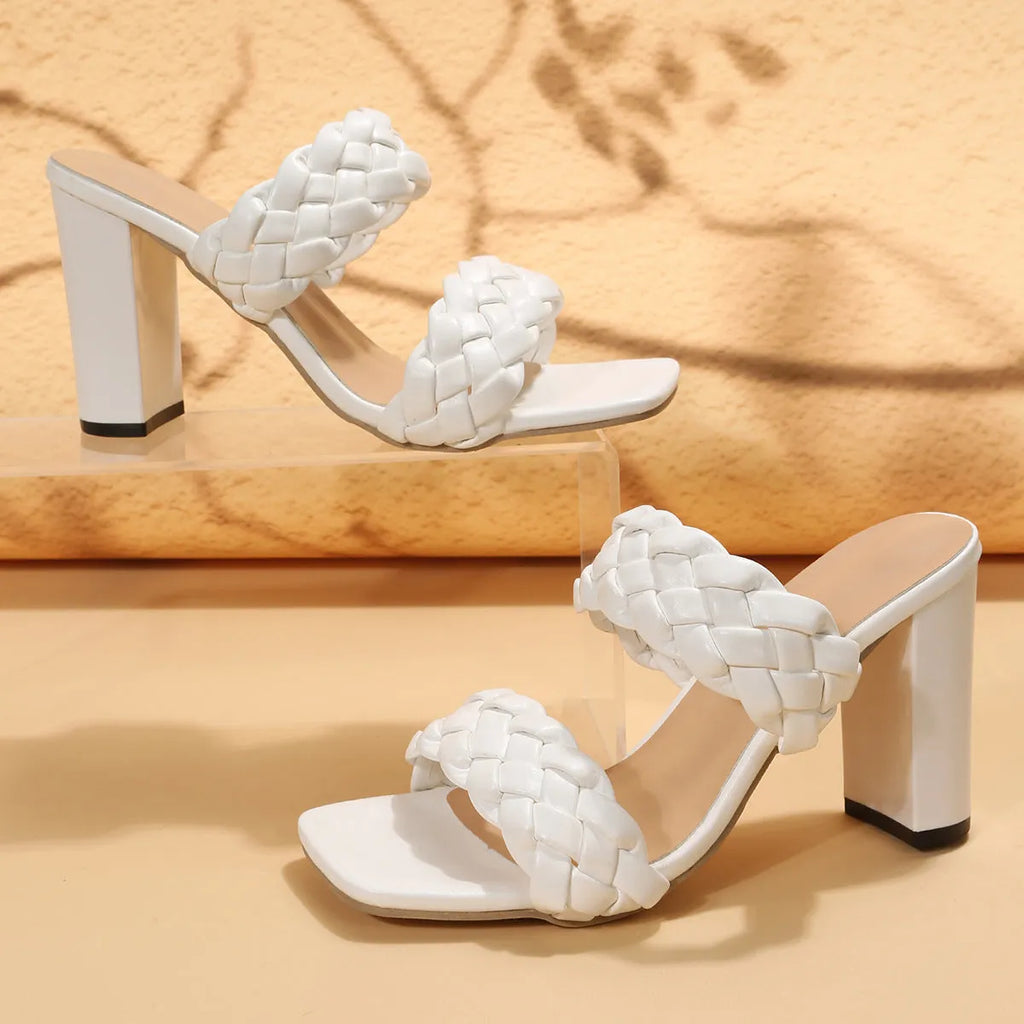 Square toe flip-flops with chunky heel and woven twisted upper in apricot or white