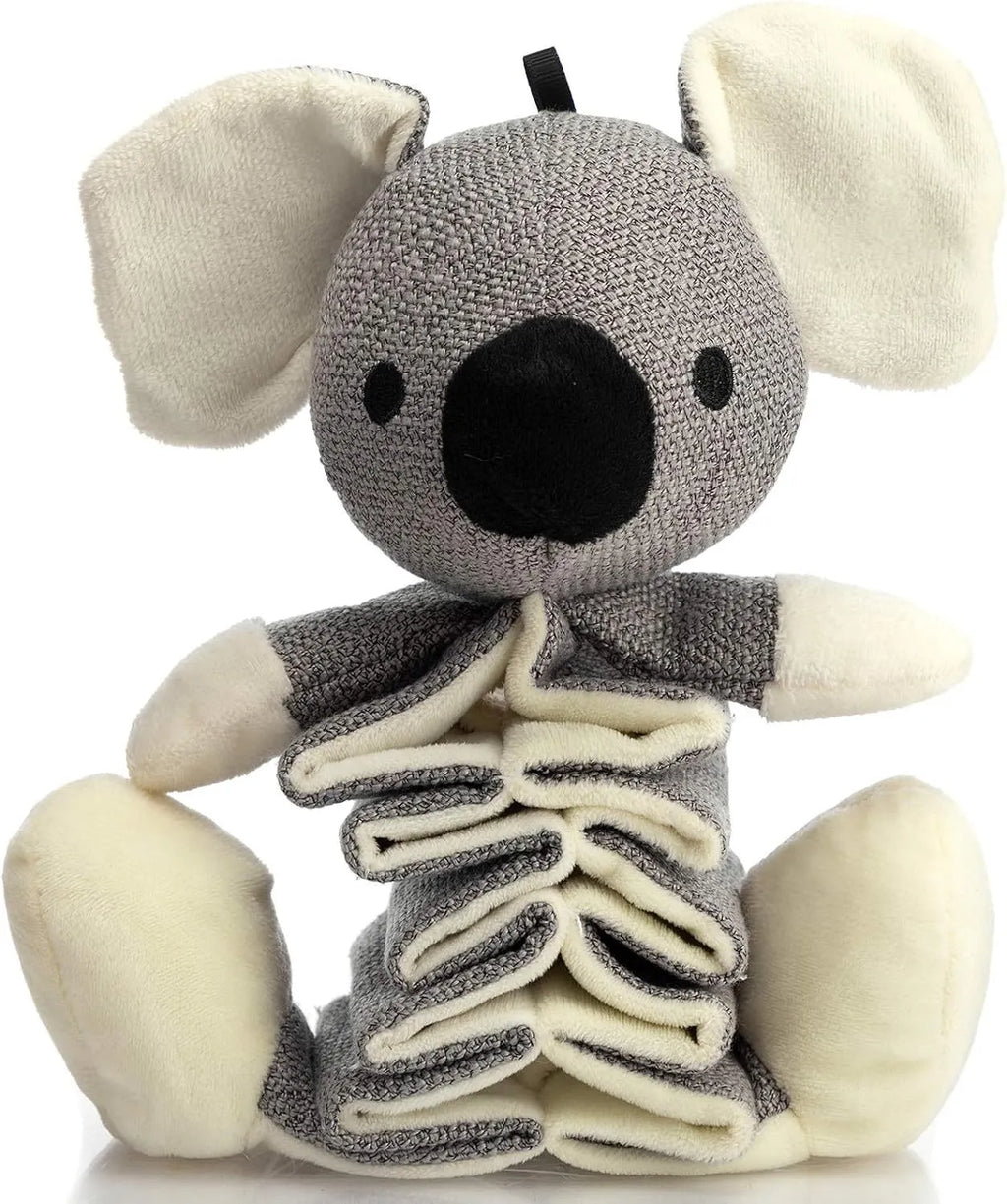 Grey koala-shaped dog toy measuring 30cm long with plush fabric and durable cloth construction.