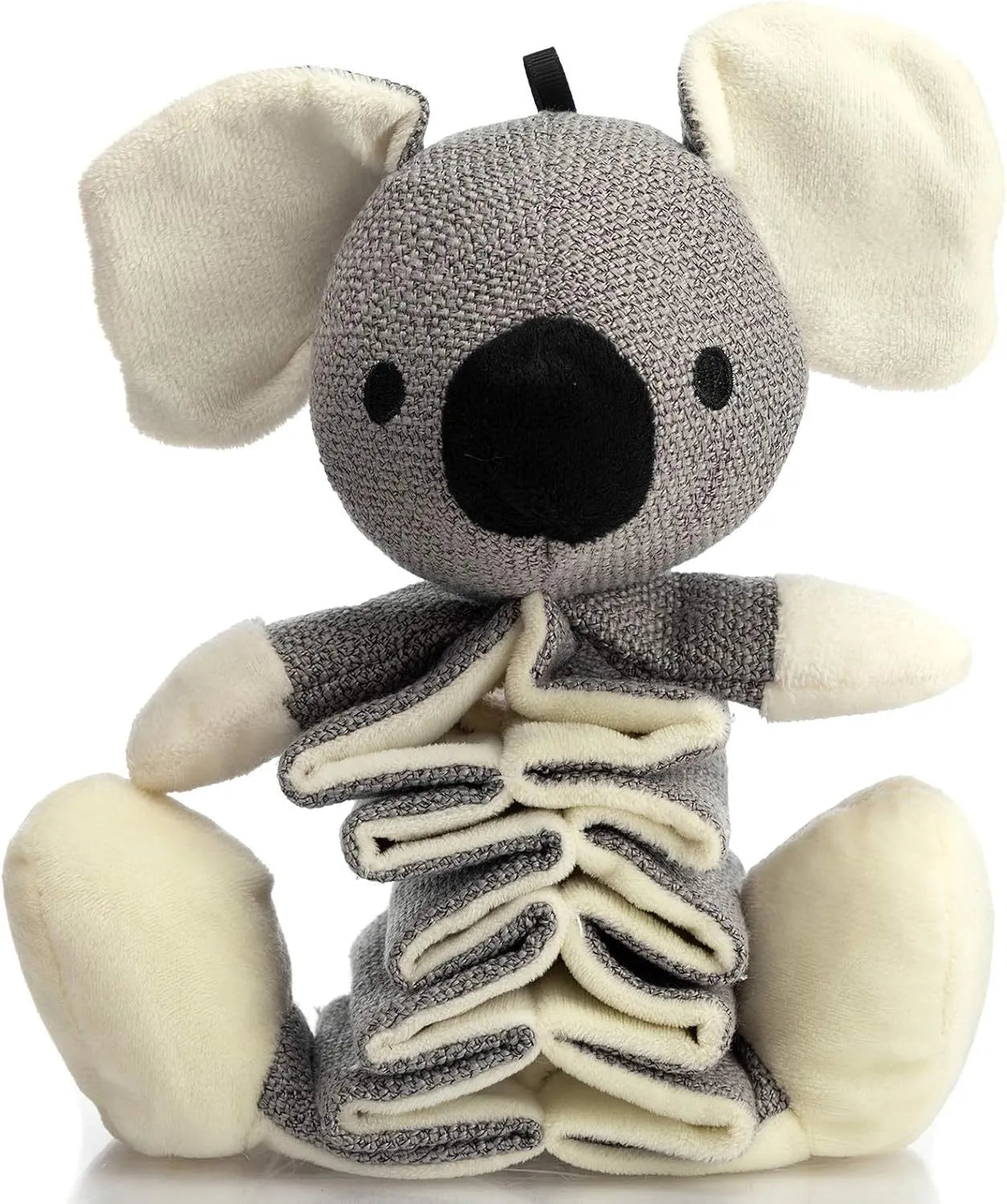 Grey koala-shaped dog toy measuring 30cm long with plush fabric and durable cloth construction.