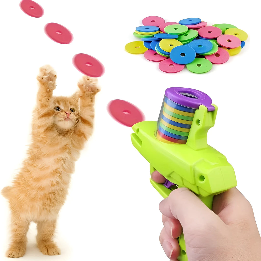 Interactive cat toy launcher with foam discs in green or purple colours