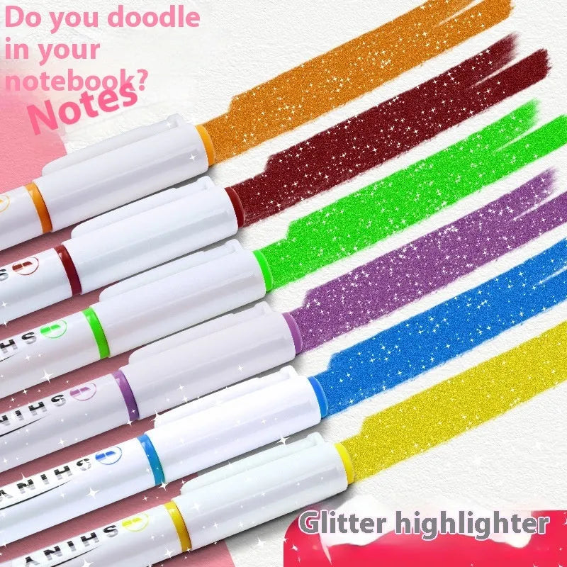 Set of four glitter fluorescent highlighter pens in six colour options with slanted 4mm tips