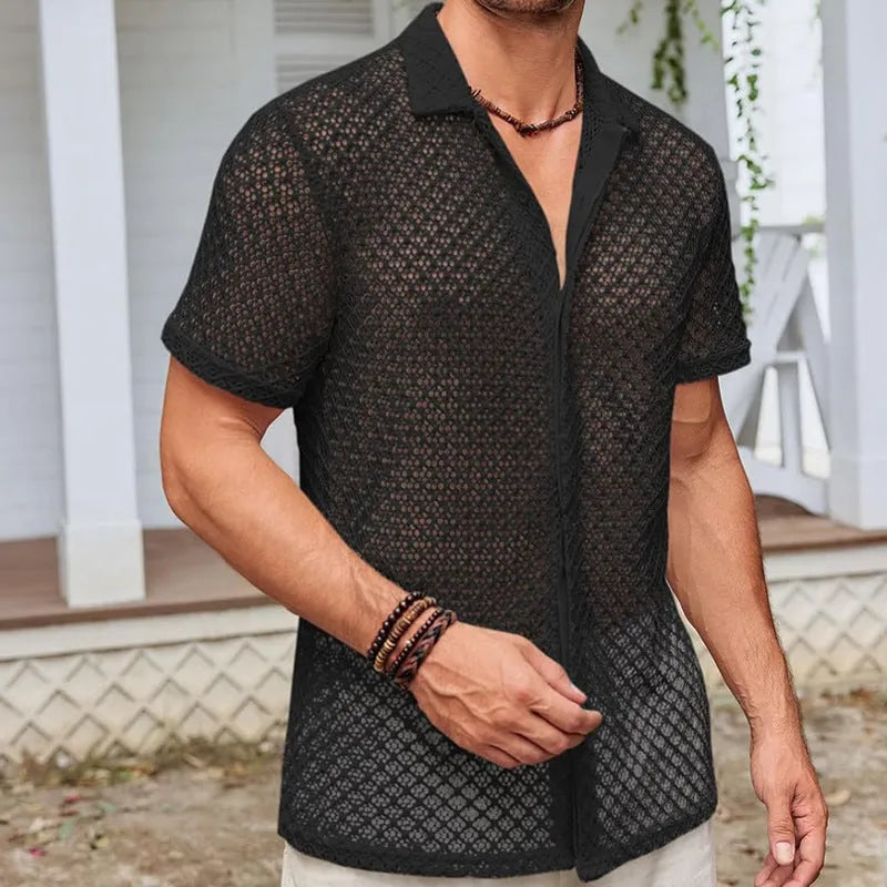 Men's cotton blend short sleeve shirt with lapel cardigan style in milky white