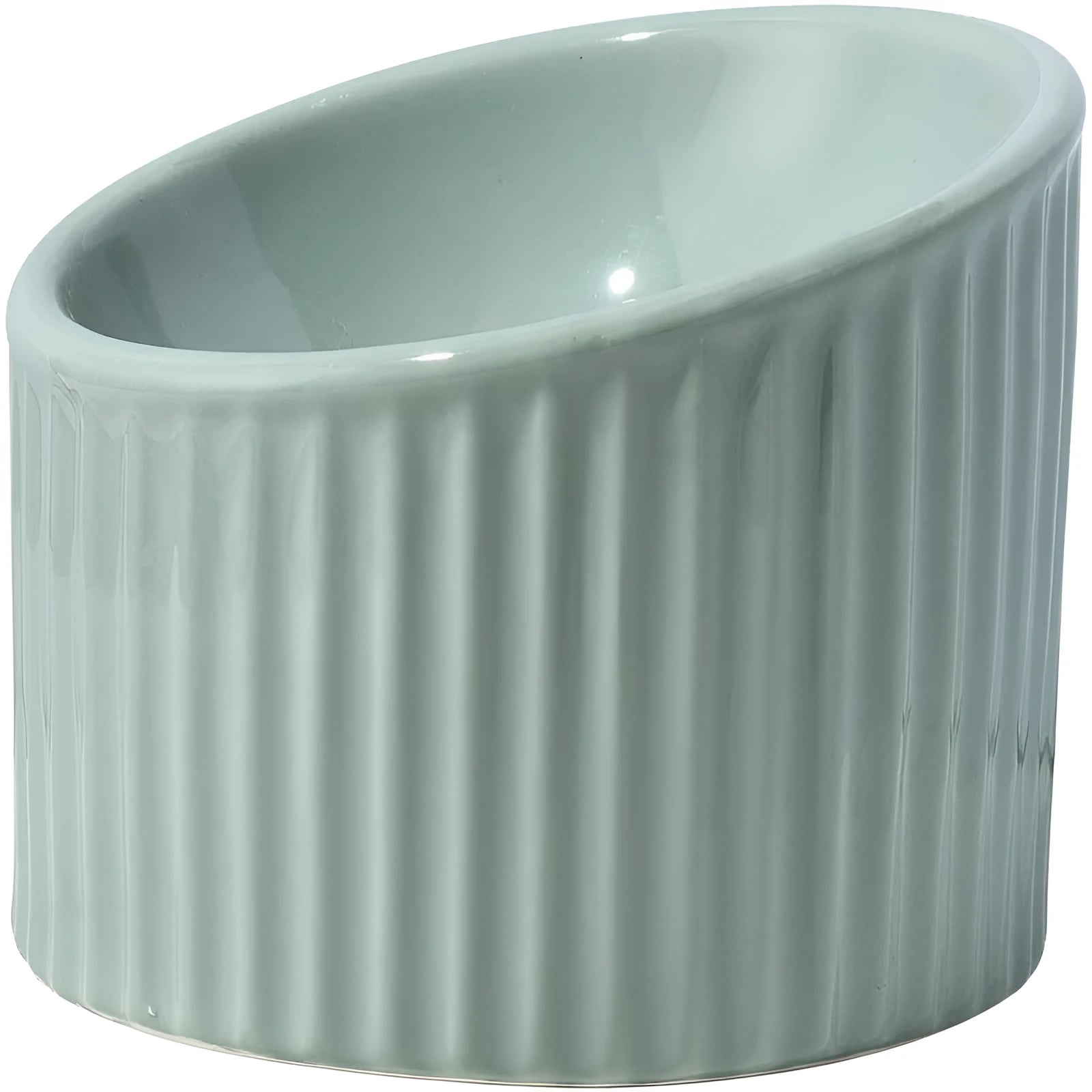 Ceramic elevated cat bowl in green colour, showing tilted design and raised feeding height.