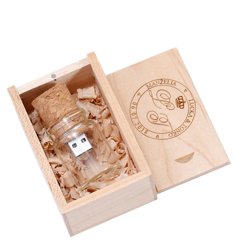 Personalised chocolate brown wooden drift bottle design USB flash drive with custom graphic lettering.