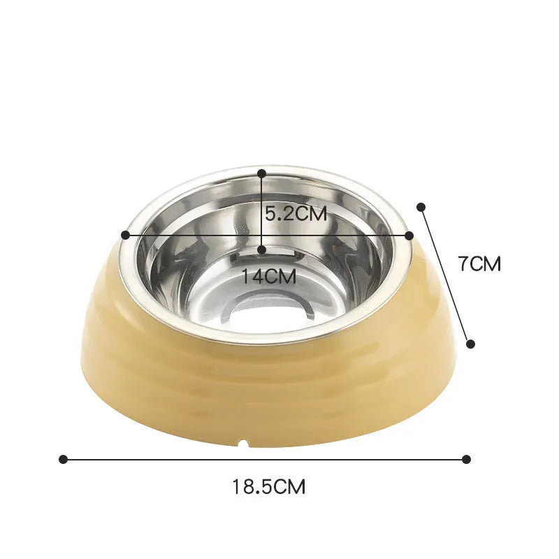 Stainless steel cat bowl with plastic base in beige, brown, and light green colour options