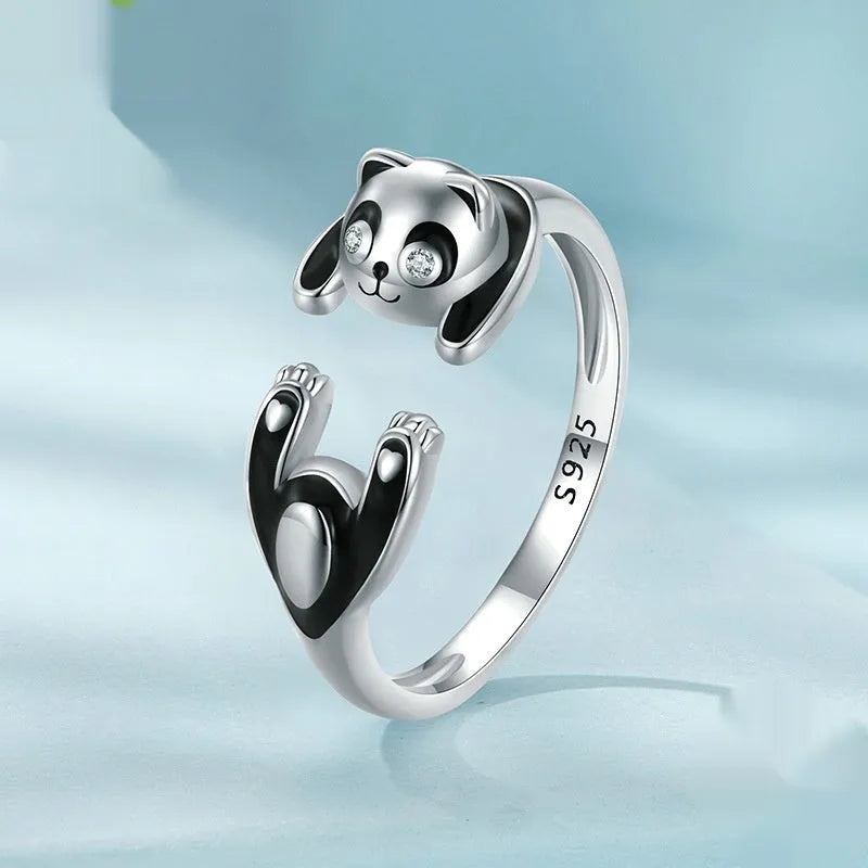 Panda open ring bracelet in sterling silver with white gold plating and adjustable opening