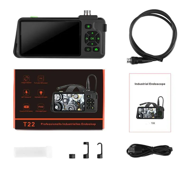 Handheld industrial endoscope with 4.5-inch screen and black probe on a coiled cable