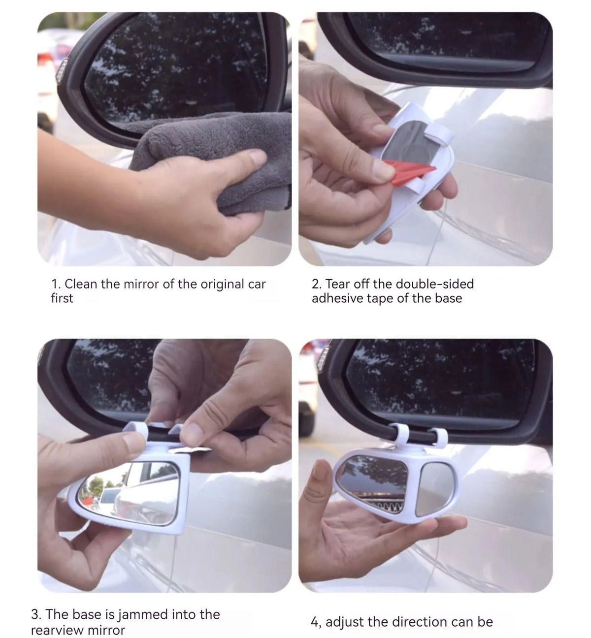 Adjustable wide-angle car reversing mirror on a vehicle, showing black ABS shell.