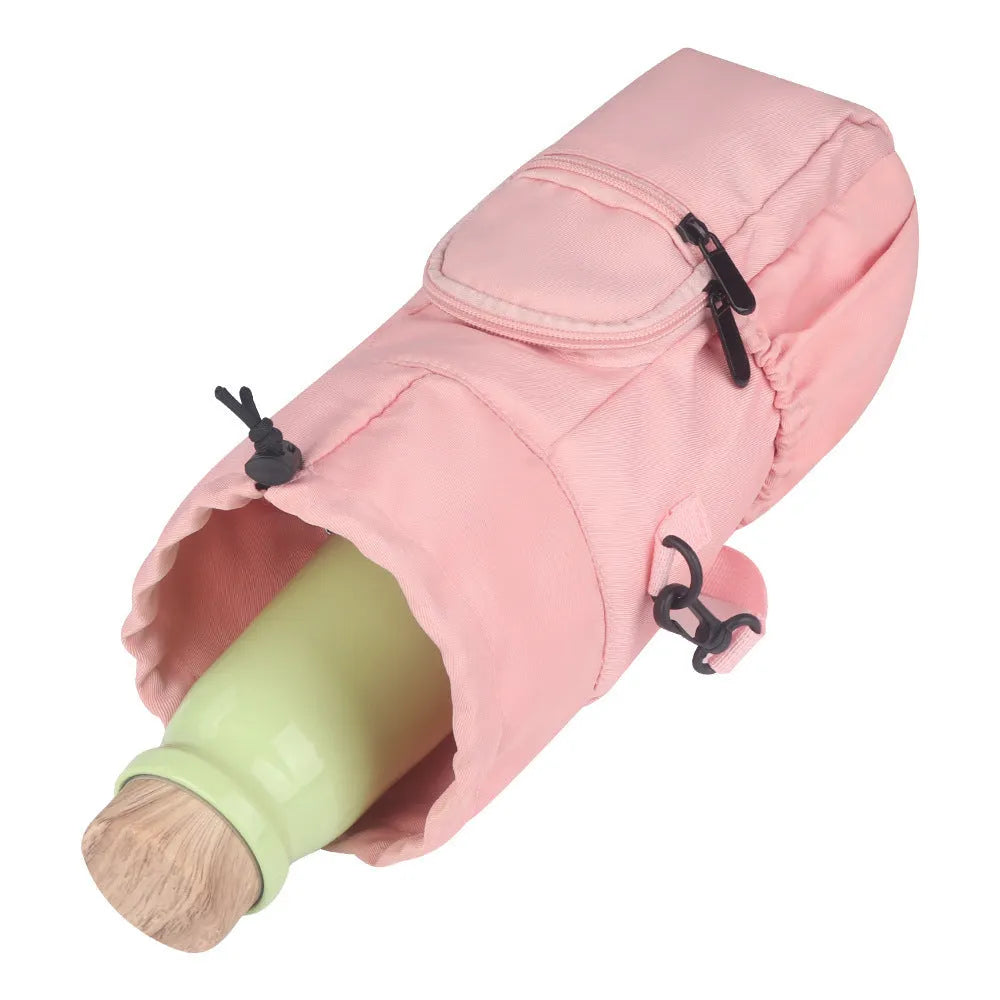 Cloth water bottle pouch with an adjustable crossbody strap in black, green, and pink colour options.