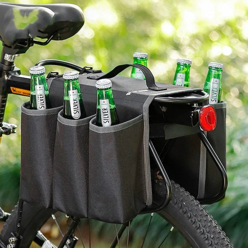Black bicycle double-sided drink storage bag mounted on bike frame