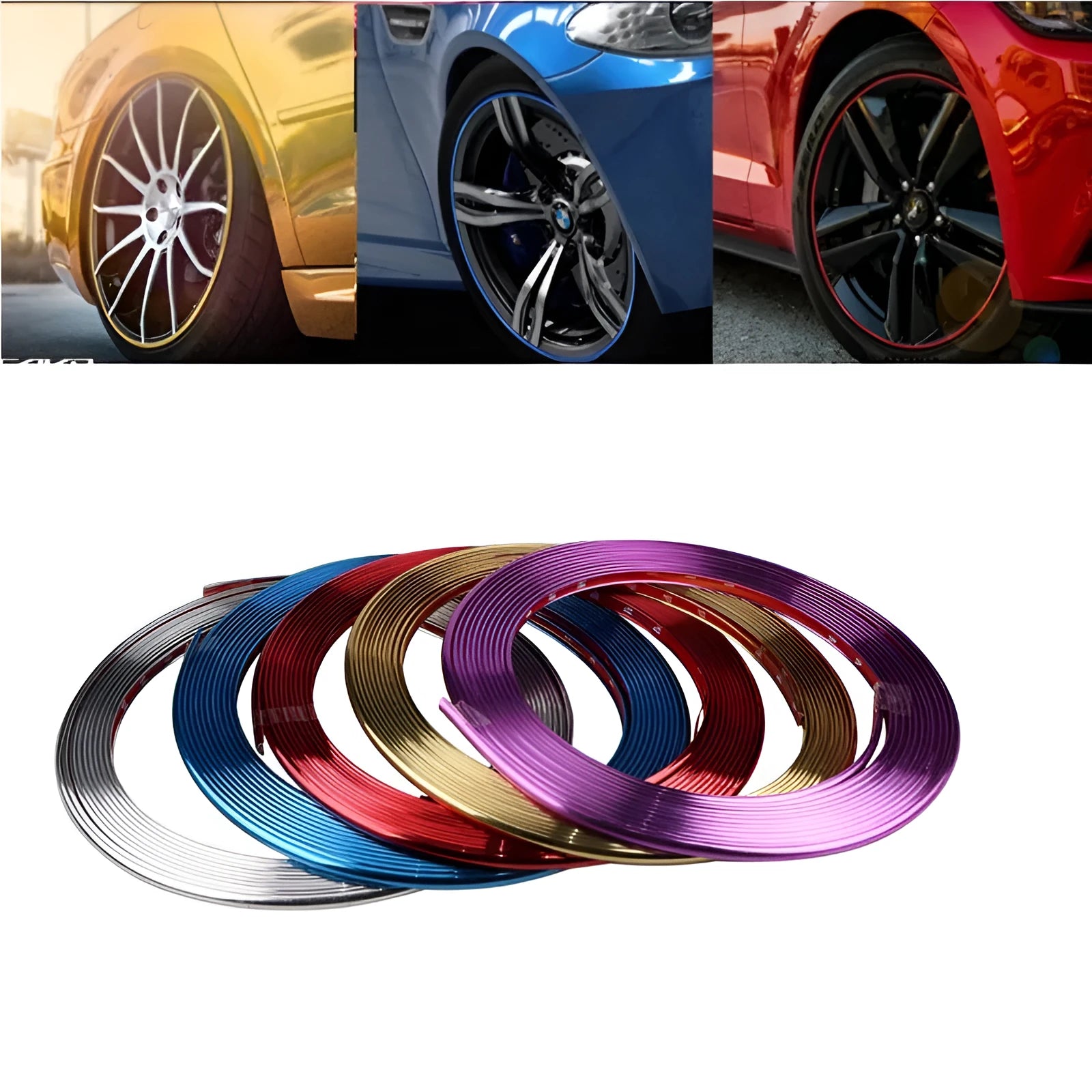 8 metre roll of electroplated purple PVC wheel hub trim strip on a white background.