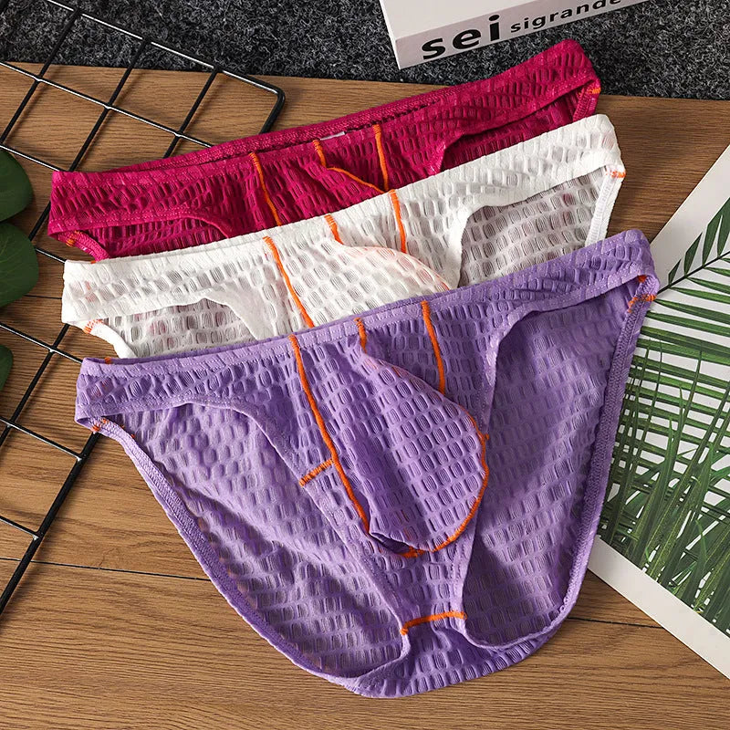Men's solid colour low waist lace briefs on a white background.