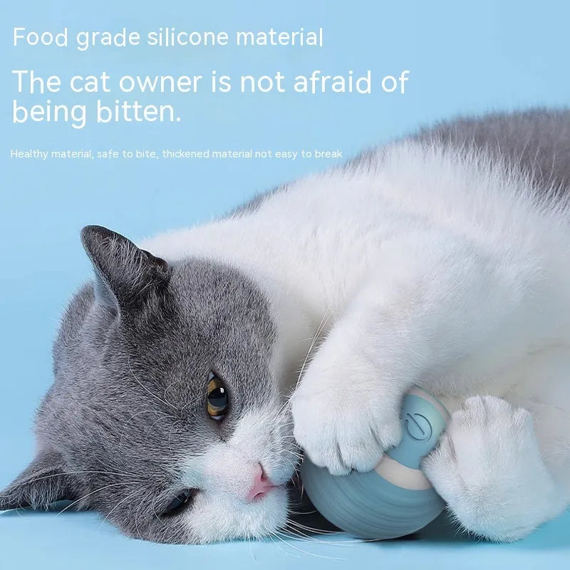 Blue automatic moving silicone ball cat toy with charging cable on hard floor