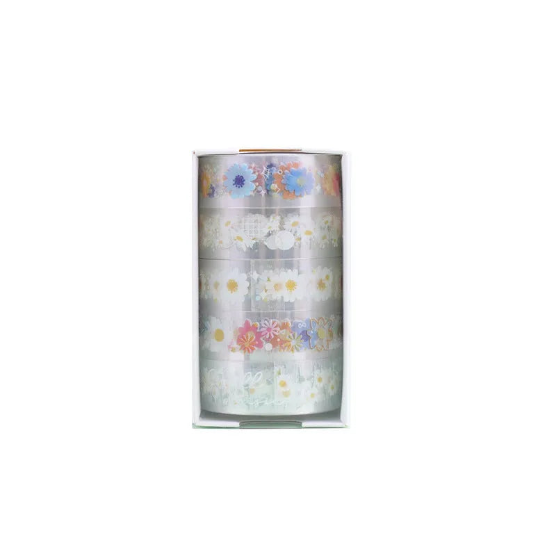 Five rolls of transparent adhesive tape with midsummer daisy cartoon pattern on clear PET polyester