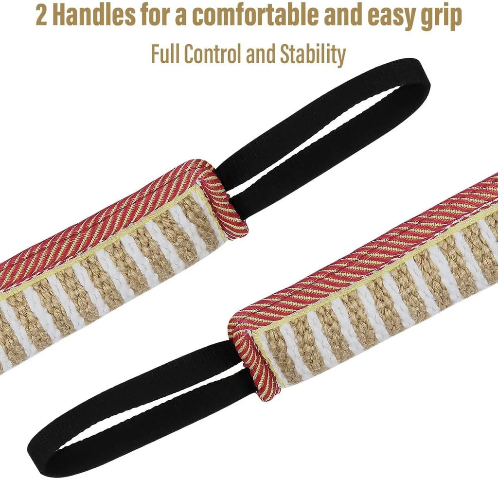 Beige woven jute dog tug toy with two fabric handles on a grey background.