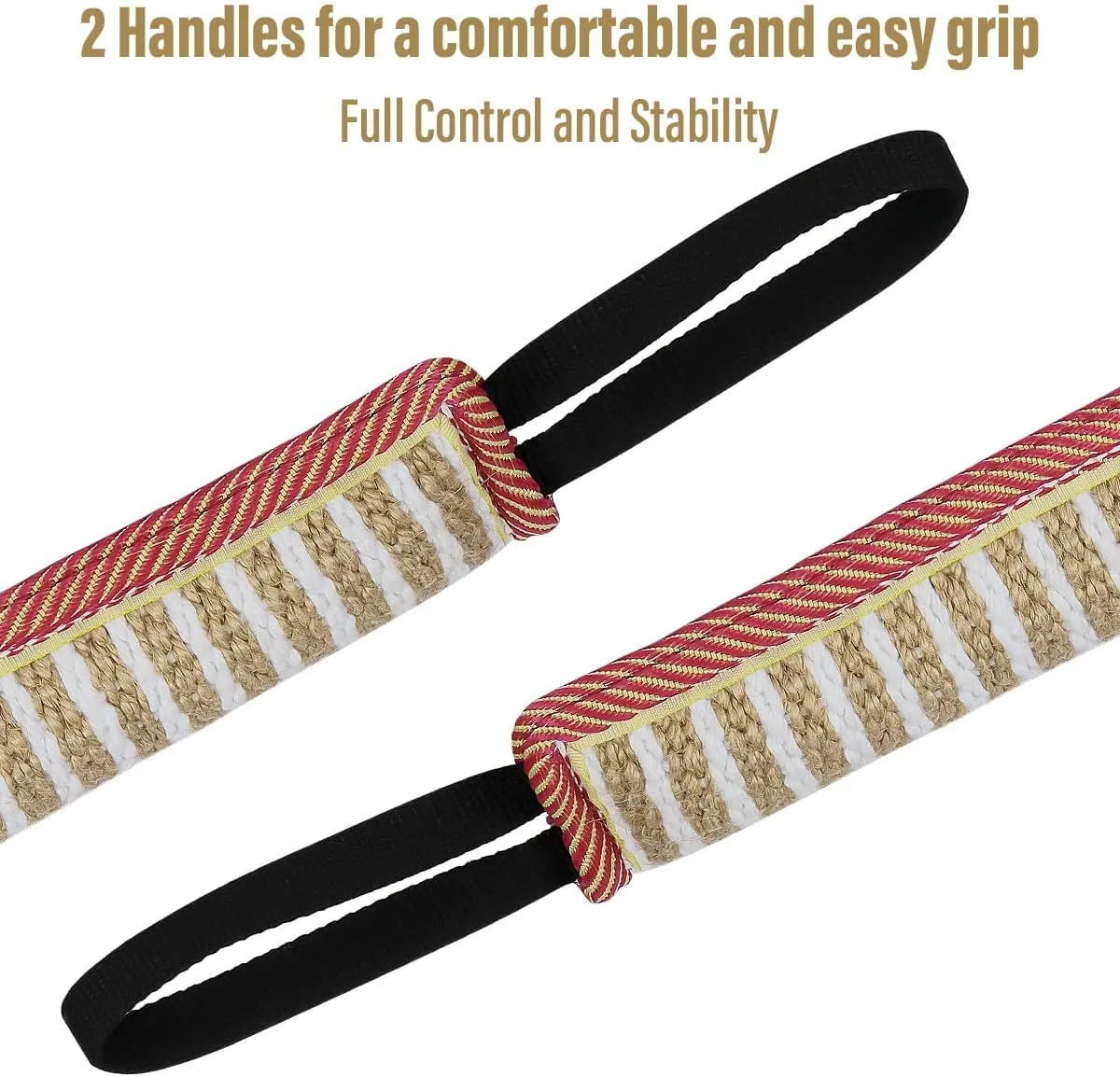 Beige woven jute dog tug toy with two fabric handles on a grey background.