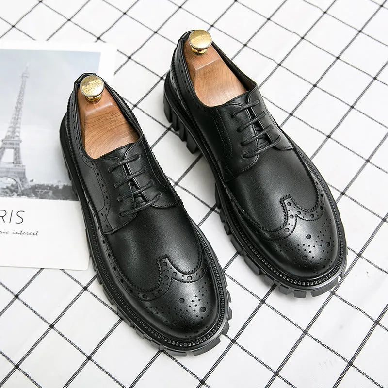 Men's black business brogue leather shoes with round toe design on white background