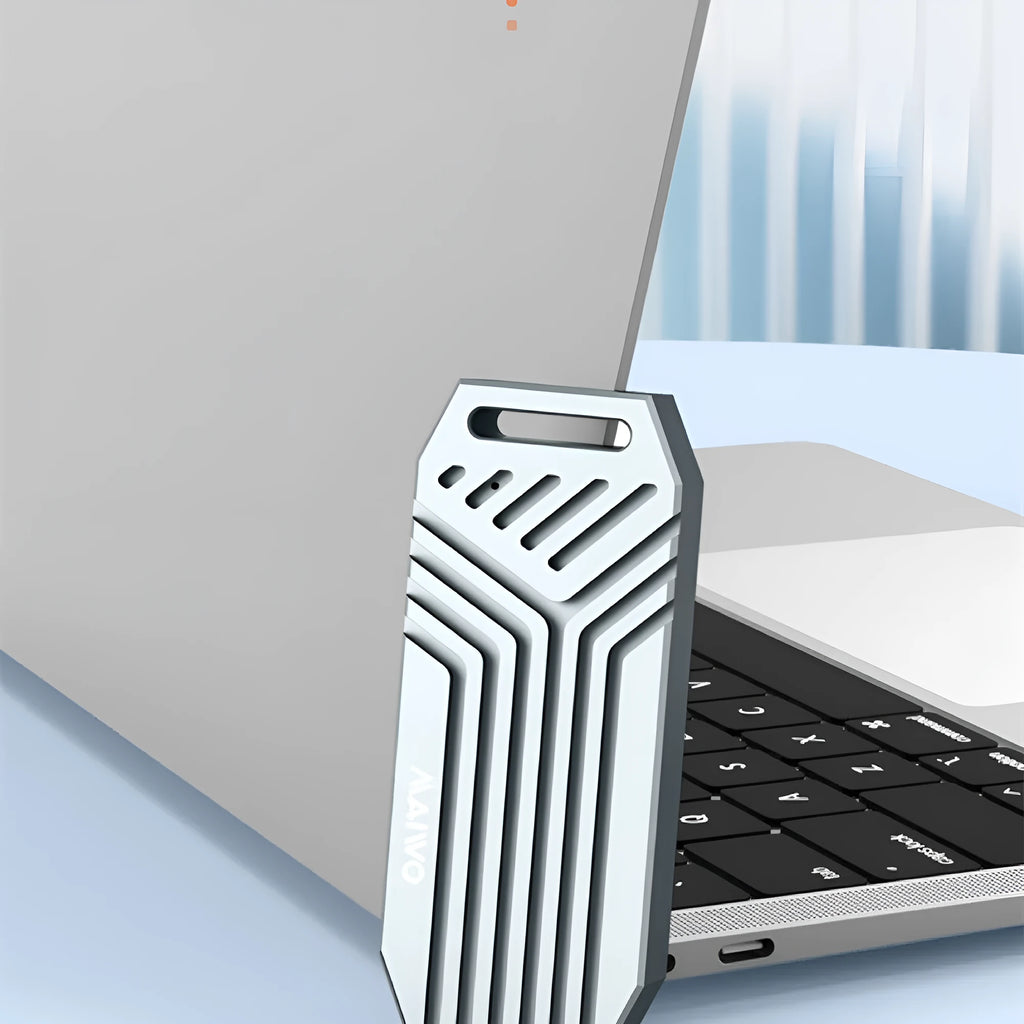 Silver aluminium external SSD enclosure for M.2 drives with Thunderbolt 4 and USB4 40Gbps connectivity.