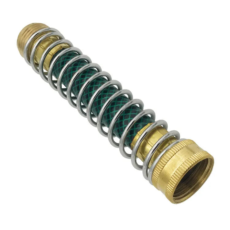 Brass garden hose connector with internal spiral spring, 15cm long with 3/4 inch threaded ends.