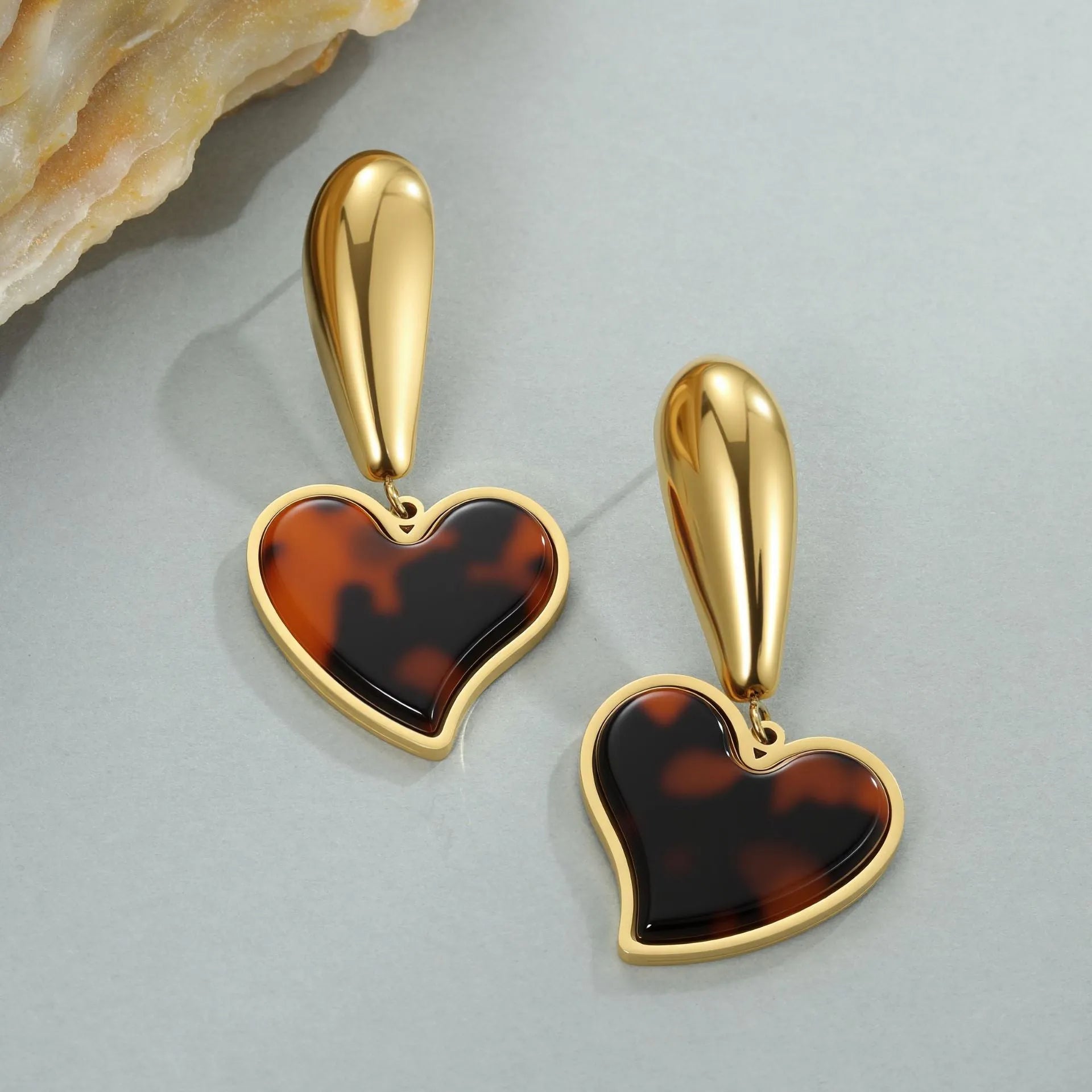 Tortoiseshell resin hawksbill colour earrings with stainless steel 18K gold electroplating in heart and flower shapes