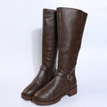 Women's black knight-style ankle boots with a buckle strap and square heel on a white background.