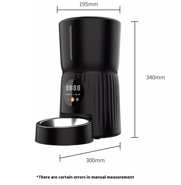 Black and white intelligent pet feeder with automatic timing and remote feeding functions
