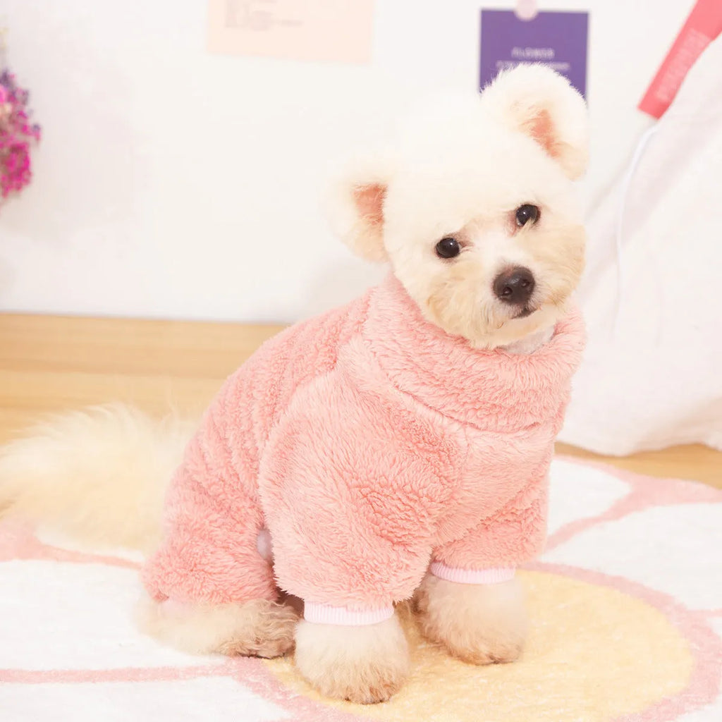 Blue double-sided plush dog clothes with high collar and towing ring for autumn winter wear