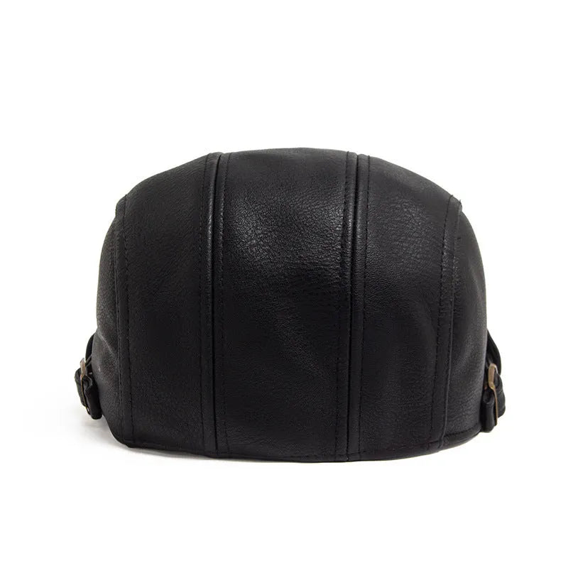 Thick PU artificial leather peaked cap with flat top crown, adjustable size, shown in black, dark gray, camel and brown for autumn and winter.