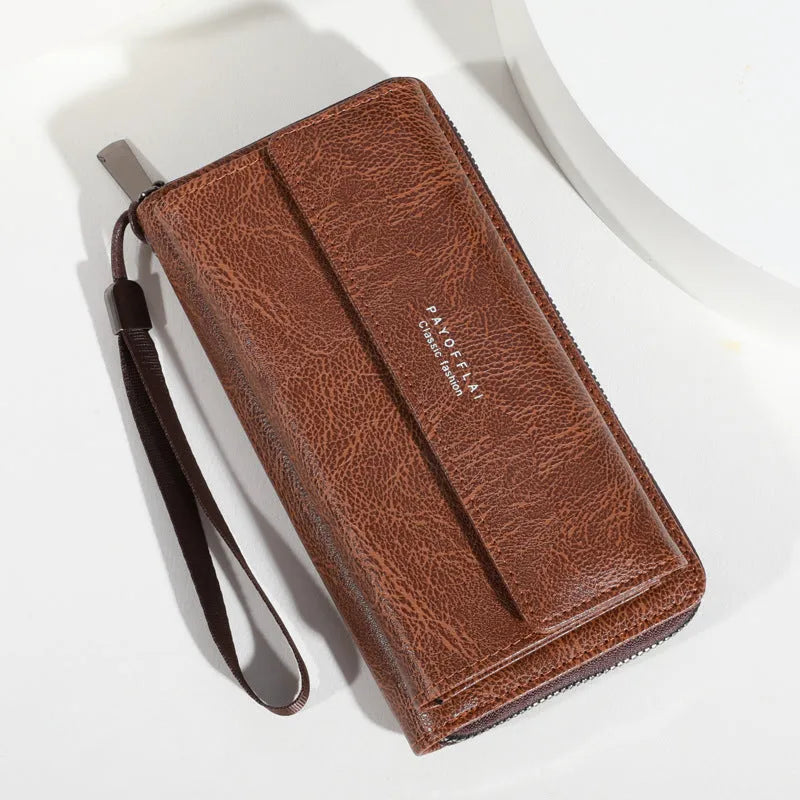 Men's black PU leather long wallet with multiple card slots, shown closed with slim profile.