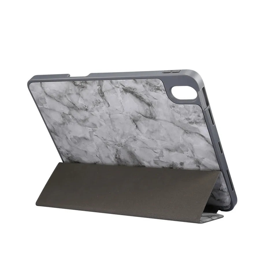 iPad tri-fold marbling imitation leather case with pen slot and card holder in multiple colours.