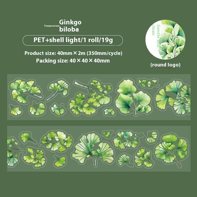 Deciduous Poetry Series decorative sticker roll showing six leaf patterns including ginkgo and maple designs