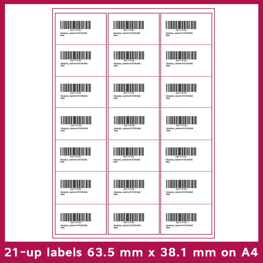 Pack of 100 pre-cut A4 FBA barcode label sheets showing multiple grid format options
