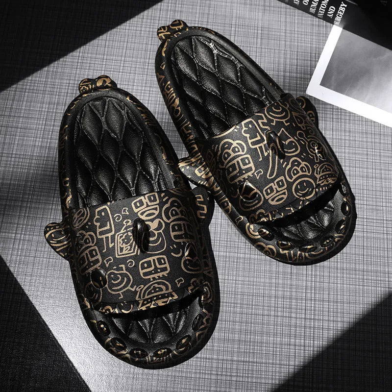 Beige EVA open-toe home slipper with a cute cartoon shark couple design on the footbed.