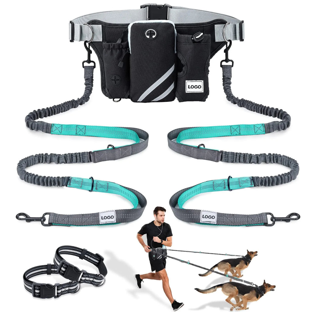 Black waterproof nylon dog walking waist bag set with matching leash and collar for outdoor training