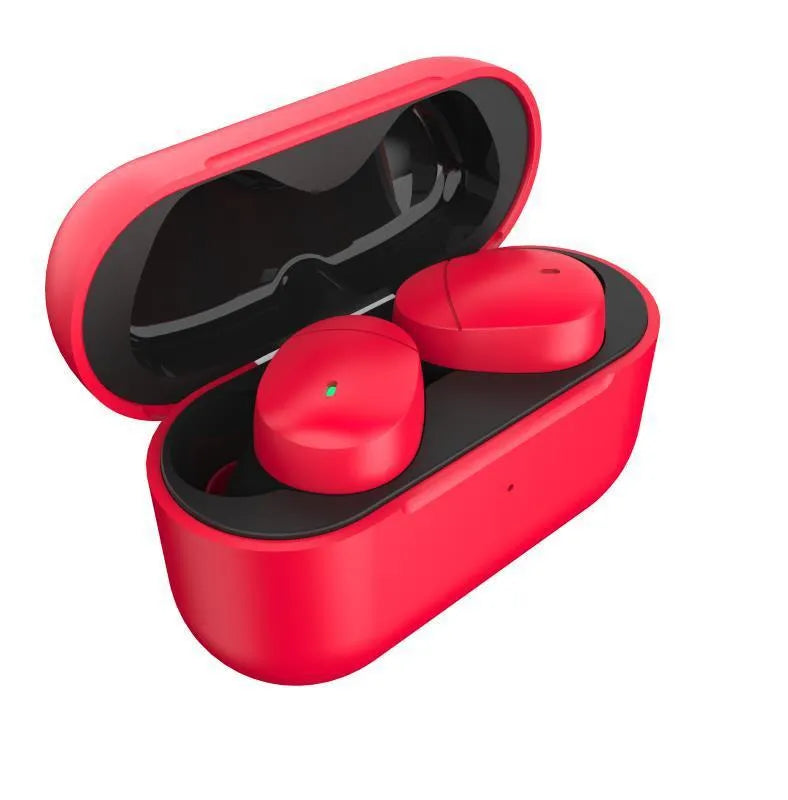 Flame red Qualcomm Bluetooth 5.2 headset with earplug design and charging cable