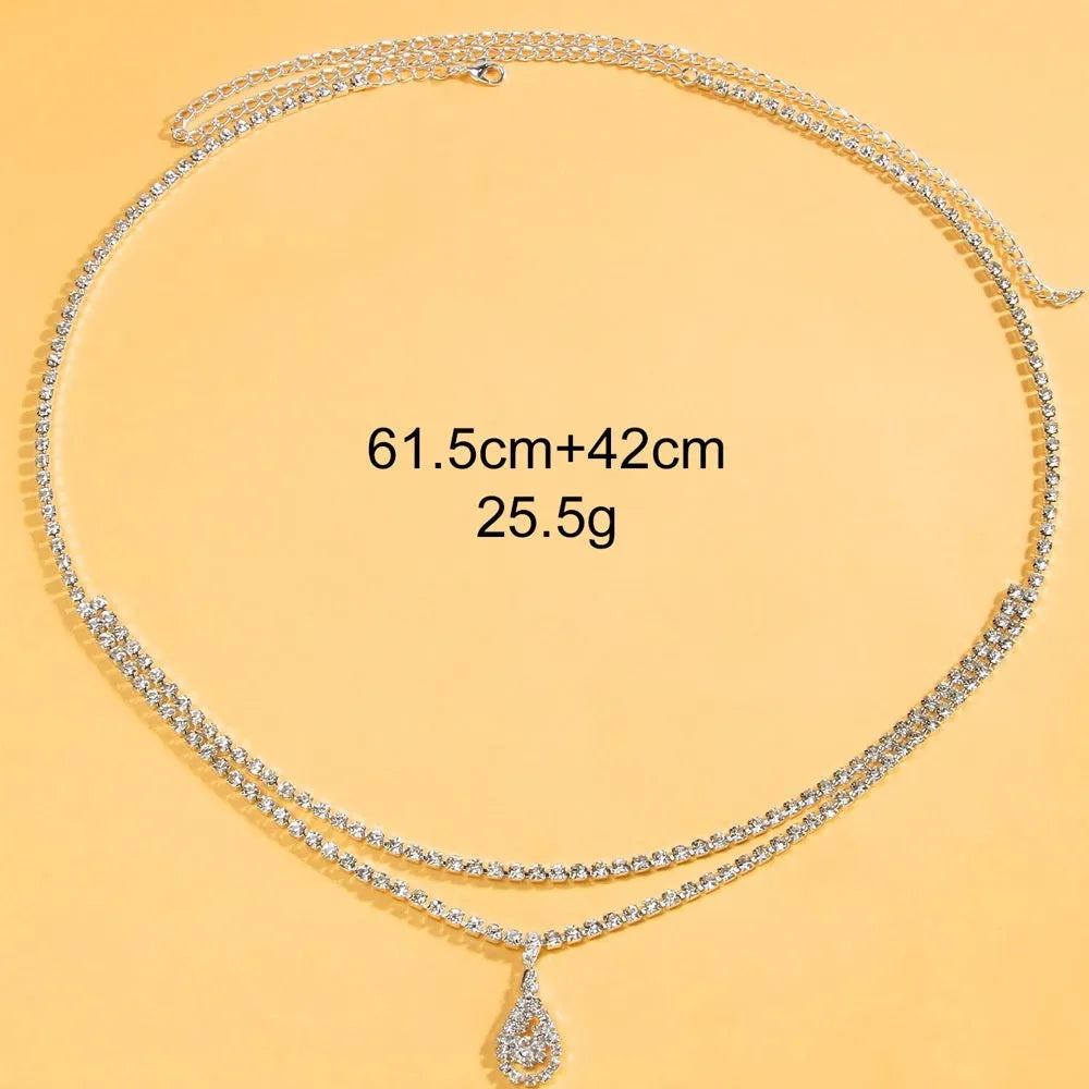 Gold and silver rhinestone water drop pendant waist chain for women with lobster clasp