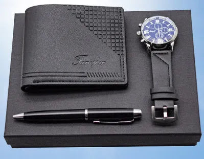 Creative holiday gift set featuring a watch, wallet, and pen in a modern simplicity style gift box.