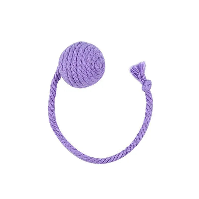 Colourful cat toy ball with rope attachment and built-in bell for interactive play