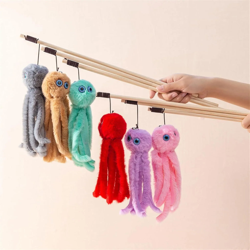 Octopus cat toy on long stick in grey pink purple red colours for indoor kittens