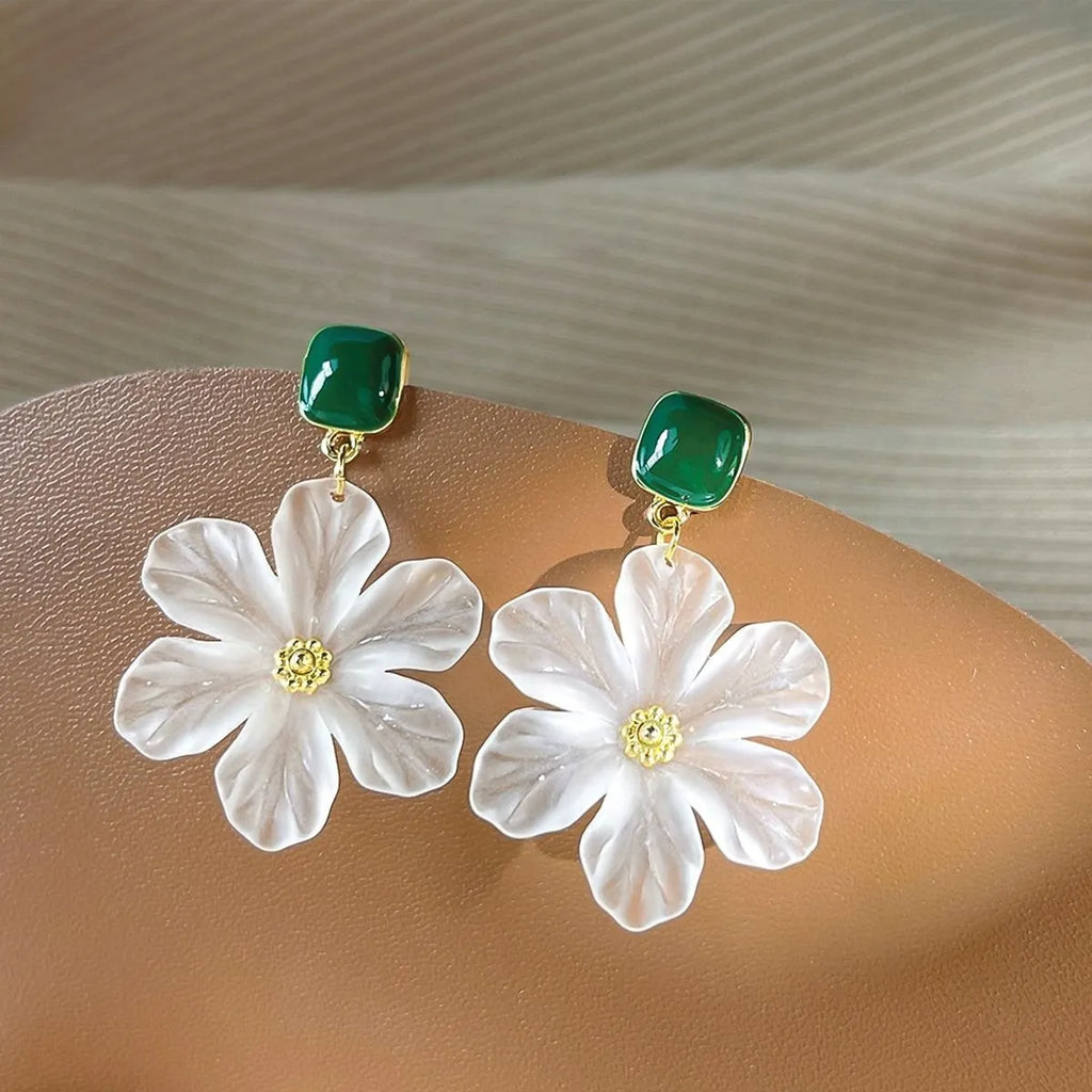 Dark green alloy needle flowers sweet drop earrings for women with floral design