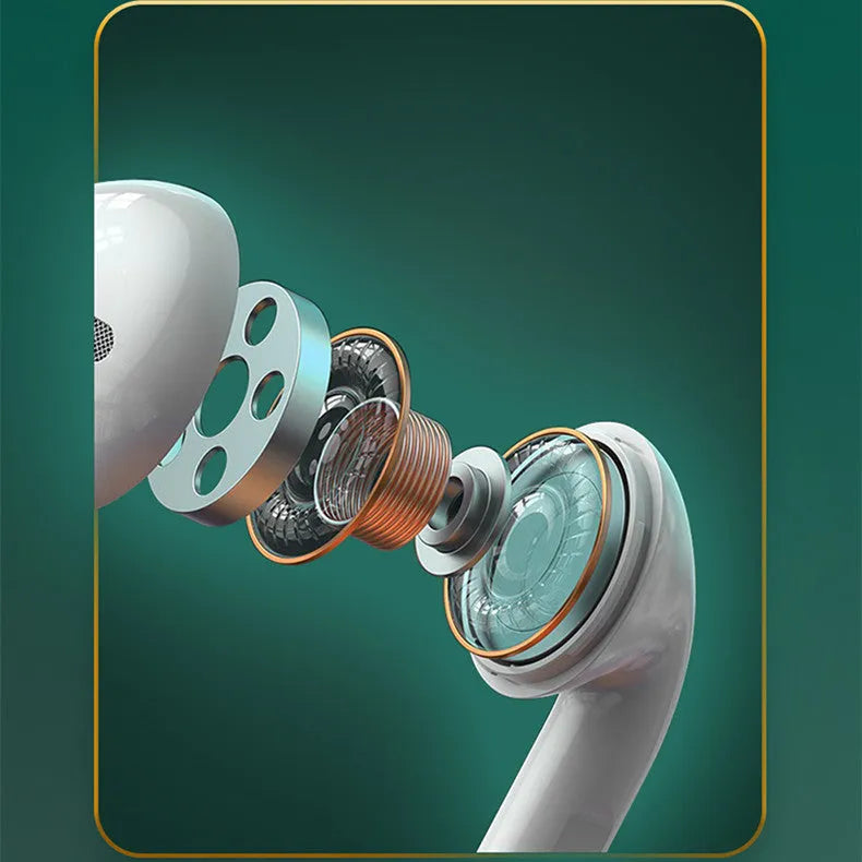 White Bluetooth wireless earbuds with charging compartment showing semi-in-ear design