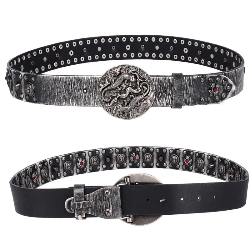 Men's black leather belt with punk rivet detailing and alloy buckle, shown with length measurement options.