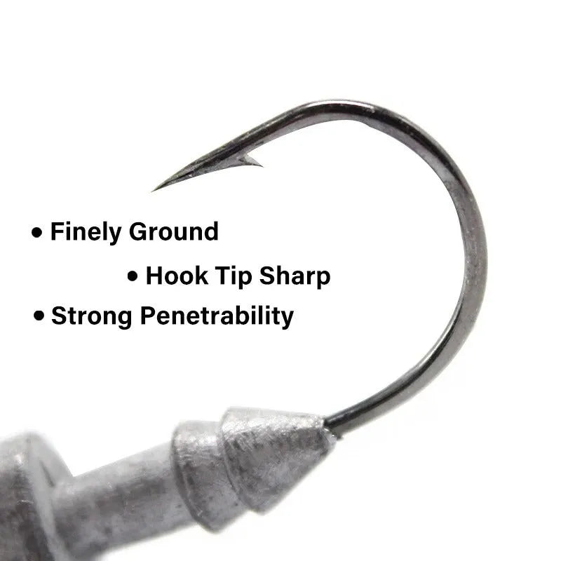 Blue, silver, and yellow lead jig head fishing hooks with fish-shaped weights in various sizes.