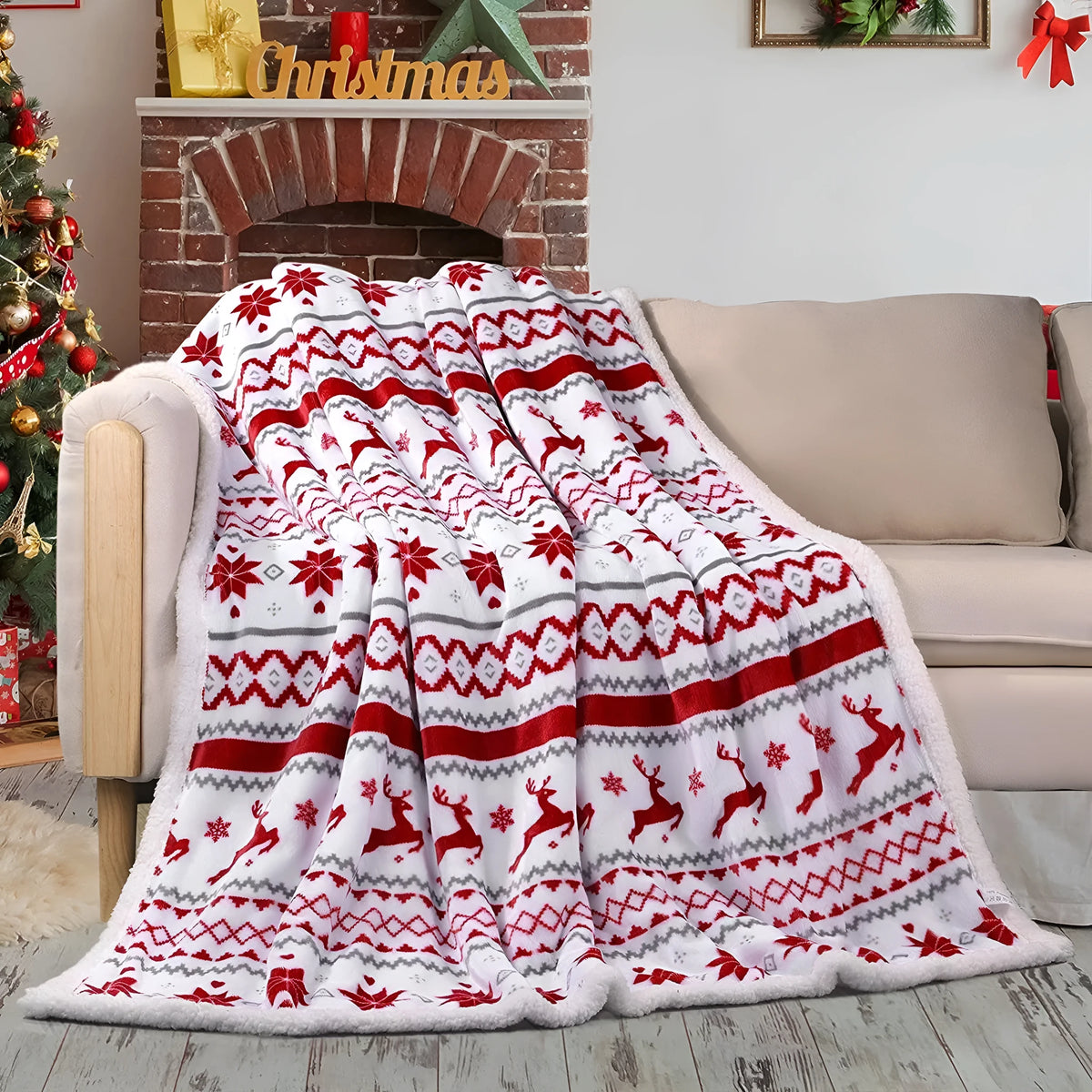 Flannel sherpa lambswool blanket in Elk Double White with cartoon anime pattern, 152x127cm and 150x200cm