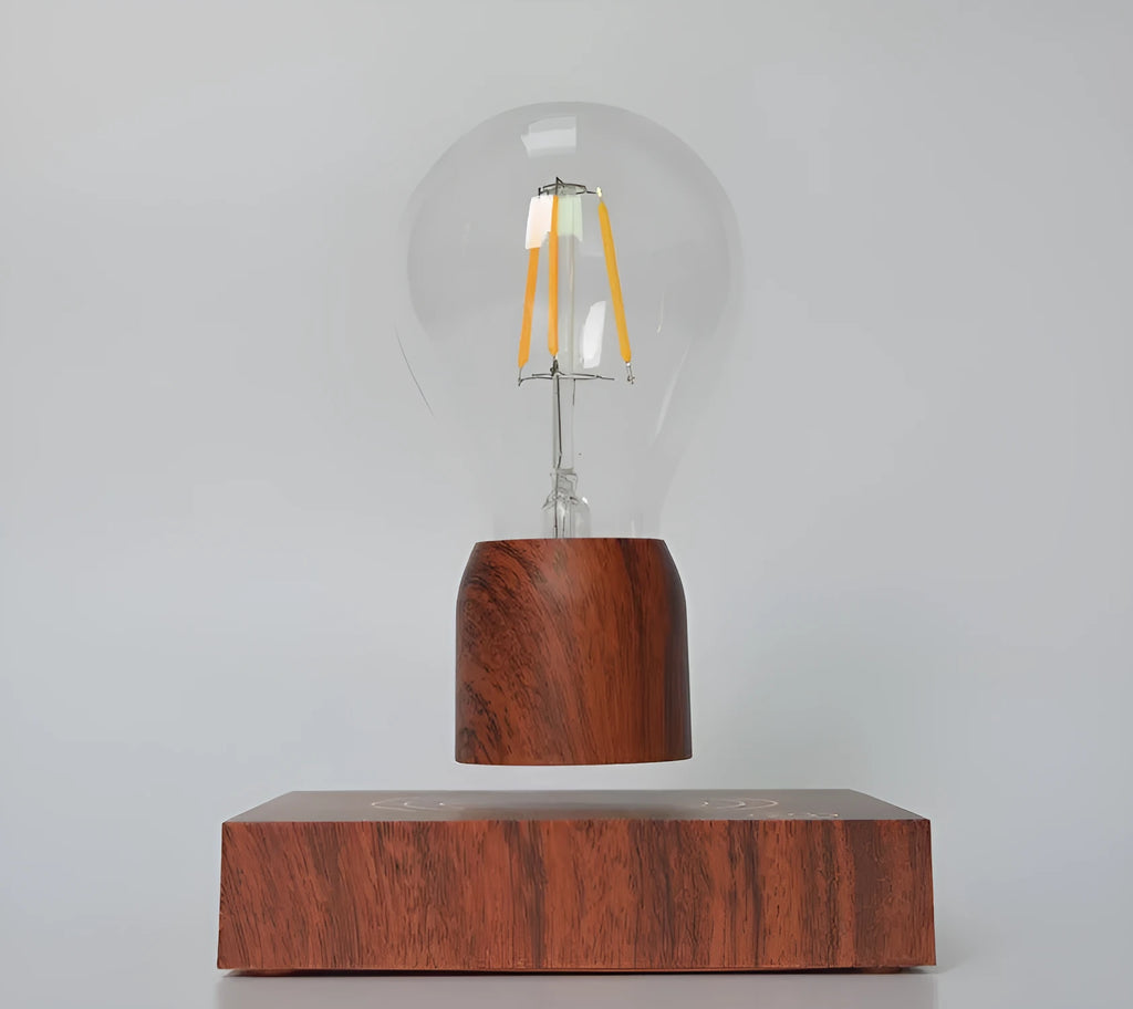 Magnetic levitation floating light bulb with imitation wood base and glass enclosure