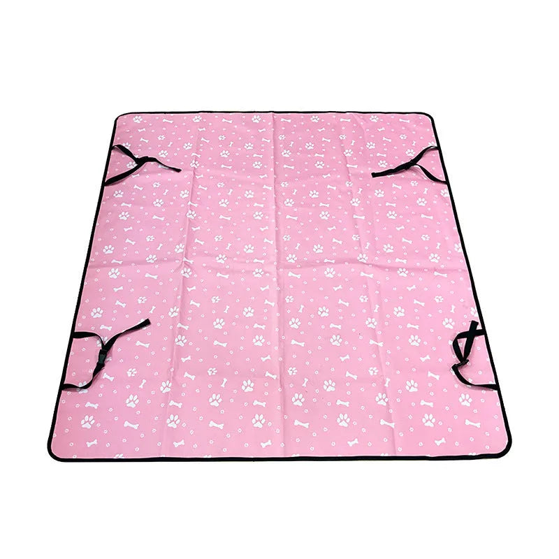 Dog car seat protection mat covering rear vehicle seat with water and dirt resistant cloth material