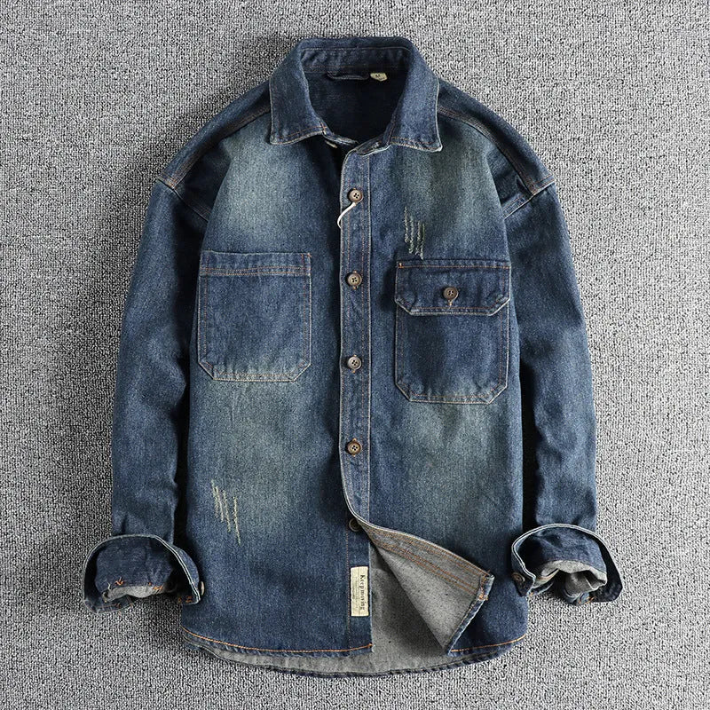 Men's loose cardigan style washed vintage denim shirt in light blue