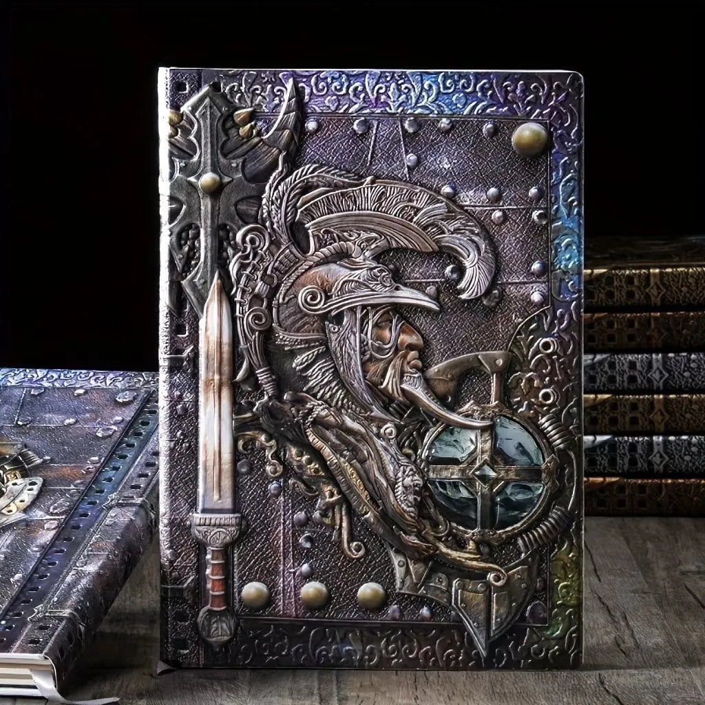 A5 leather notebook with 3D embossed warriors relief on the cover, shown in bronze colour.