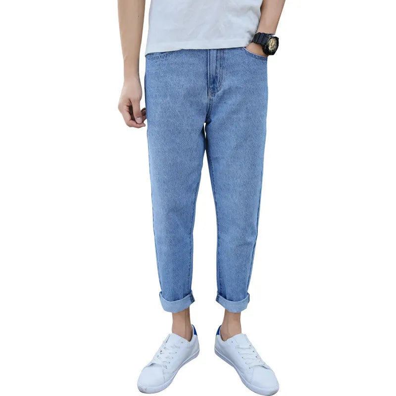Men's black straight leg jeans with loose harem style and light straight leg opening