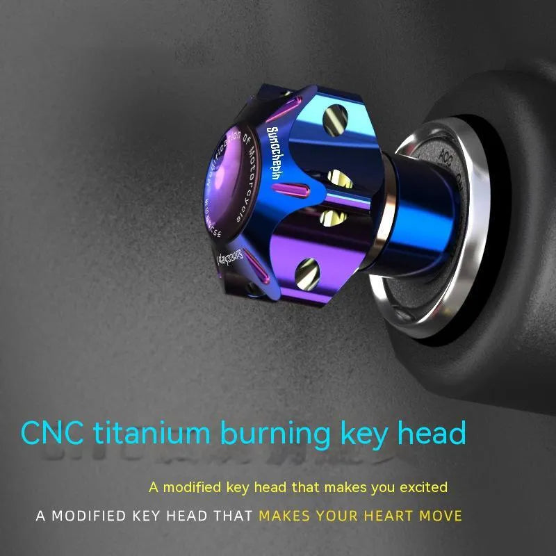 Motorcycle key head cover in T6 aluminium alloy showing hexagonal, five-pointed star, and plum blossom design options